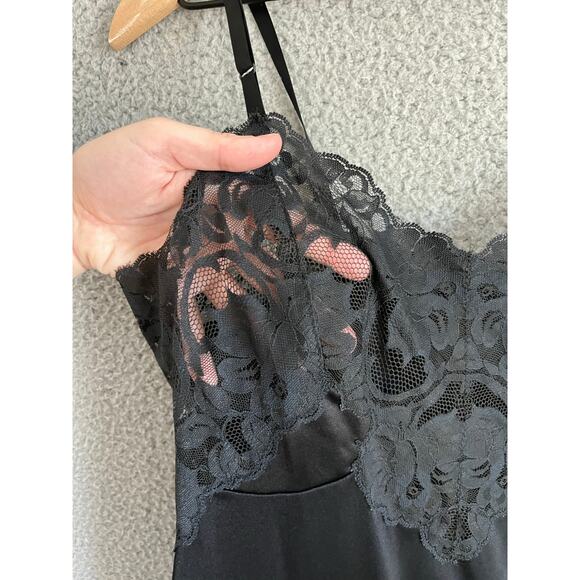 Vintage Satin Full Slip Knee Dress Small 36 Sheer Lace Black Lingerie Goth Sexy - Picture 3 of 16